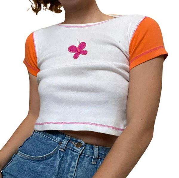 women's t-shirt ladies summer color matching butterfly embroidery round collar short sleeve midriff-baring slim base shirt, White
women's t-shirt ladies summer color matching butterfly embroidery round collar short sleeve midriff-baring slim base shirt, White