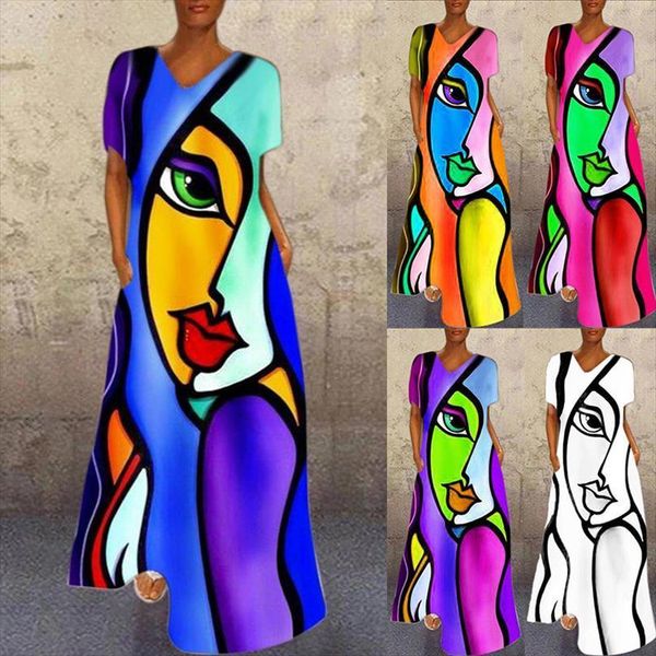 summer vintage maxi abstract women dress girl graphic print pocket v neck party female casual loose short sleeve, Black;gray 
summer vintage maxi abstract women dress girl graphic print pocket v neck party female casual loose short sleeve, Black;gray