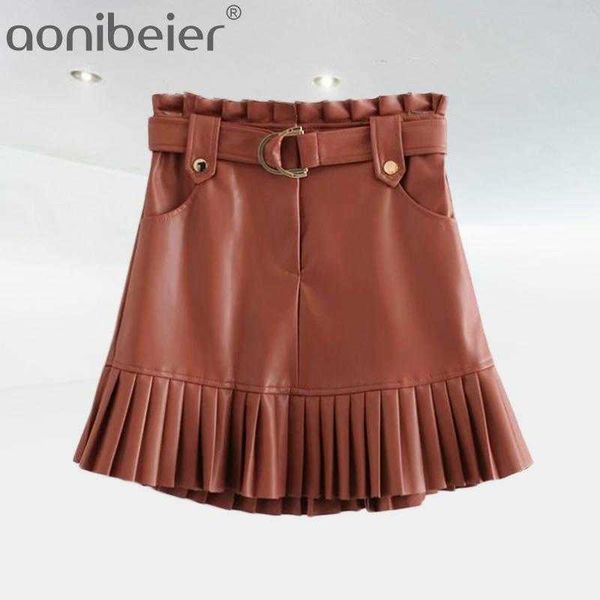 women chic pu leather pleated ruffles tie belt waist pocket skirt zipper fly ladies elegnt mini skirts jupe femme 210604, Black
women chic pu leather pleated ruffles tie belt waist pocket skirt zipper fly ladies elegnt mini skirts jupe femme 210604, Black