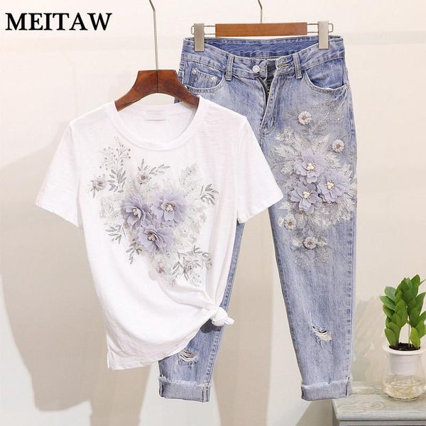 two piece dress women 3d flowers jeans 2 sets 2021 casual embroidered cotton t shirts+denim pants pieces lady trouser suits, White
two piece dress women 3d flowers jeans 2 sets 2021 casual embroidered cotton t shirts+denim pants pieces lady trouser suits, White
