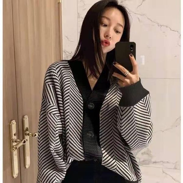 women's knits & tees women 2021 spring autumn korean striped cardigan jackets female v-neck sweater coats ladies loose warm knitted jum, White
