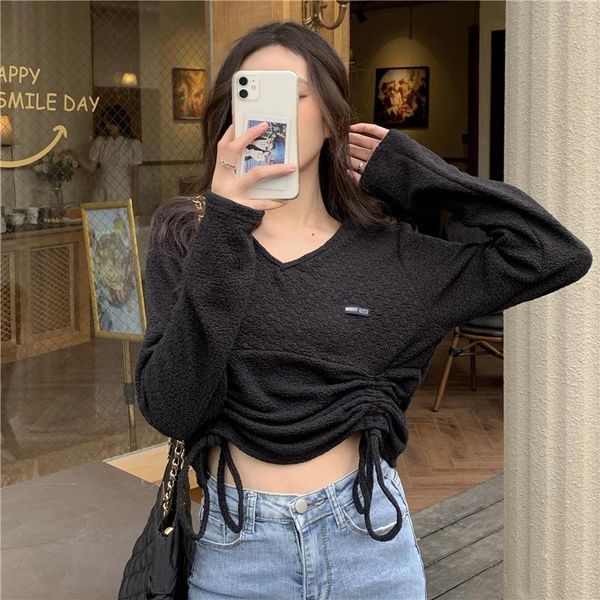 spring autumn korean short high waist slim drawstring pleated v-neck t-shirt long sleeves repair women's, White
spring autumn korean short high waist slim drawstring pleated v-neck t-shirt long sleeves repair women's, White