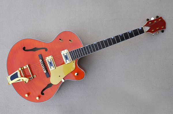 factory custom semi-hollow orange electric guitar with f holes,flame maple veneer,rosewood fretboard,gold hardware,can be customized
factory custom semi-hollow orange electric guitar with f holes,flame maple veneer,rosewood fretboard,gold hardware,can be customized