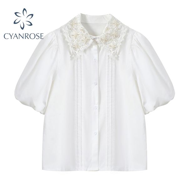 women's sweet cardigan blouse and shirts casual puff short sleeve summer vintage lace temperament all-match blusas 210430, White
women's sweet cardigan blouse and shirts casual puff short sleeve summer vintage lace temperament all-match blusas 210430, White