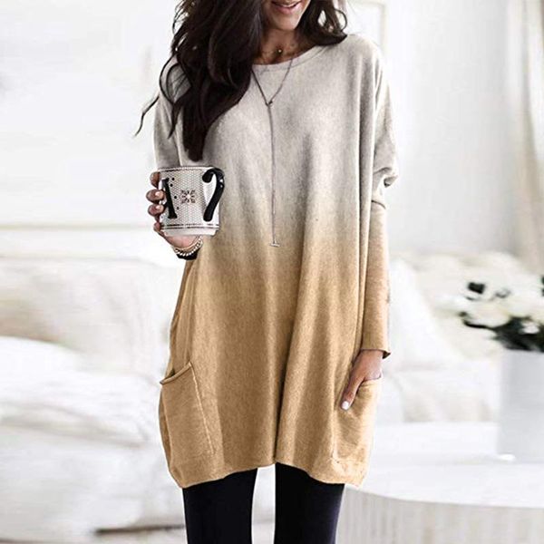 women's t-shirt 2021 spring casual fade color t shirt o neck long sleeve loose pocket gradient overall for women, White
women's t-shirt 2021 spring casual fade color t shirt o neck long sleeve loose pocket gradient overall for women, White