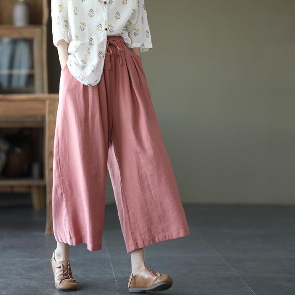 women's pants & capris 2021 autumn simple solid retro literary casual linen with elastic waist thin women wide leg, Black;white 
women's pants & capris 2021 autumn simple solid retro literary casual linen with elastic waist thin women wide leg, Black;white