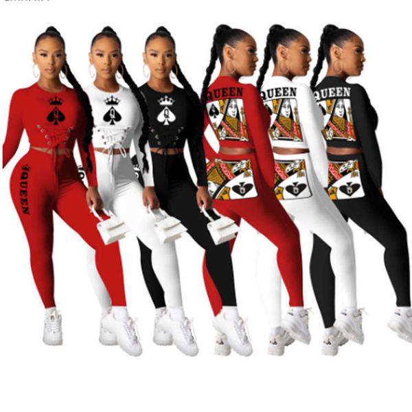 2021 women's two piece pants playing card queen's alphabet print corded round neck long sleeve suit, White
2021 women's two piece pants playing card queen's alphabet print corded round neck long sleeve suit, White