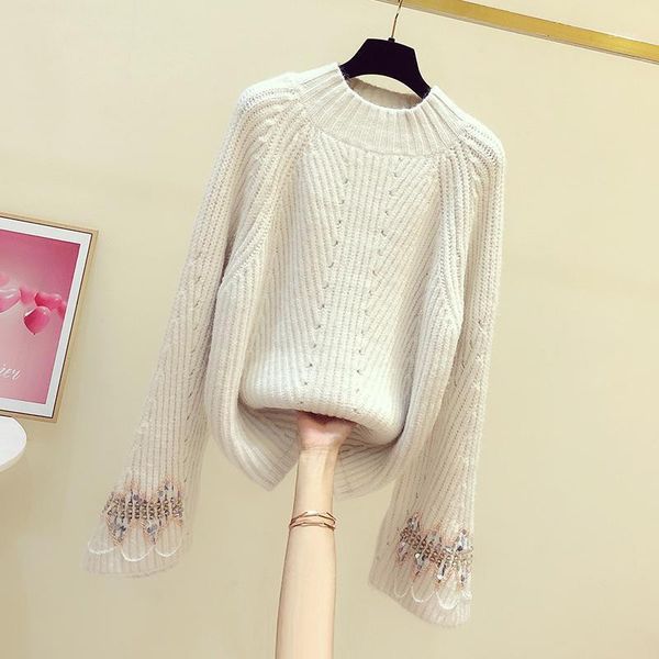 women's sweaters heavy embroidery sequins beaded flared sleeve ladies sweater 2021 autumn winter women knit coat loose pullover, White;black
women's sweaters heavy embroidery sequins beaded flared sleeve ladies sweater 2021 autumn winter women knit coat loose pullover, White;black