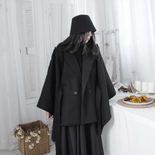 women's wool & blends ladies bat sleeve woolen coat winter solid color lapel strap design loose cape style fashion korean personality, Black
women's wool & blends ladies bat sleeve woolen coat winter solid color lapel strap design loose cape style fashion korean personality, Black