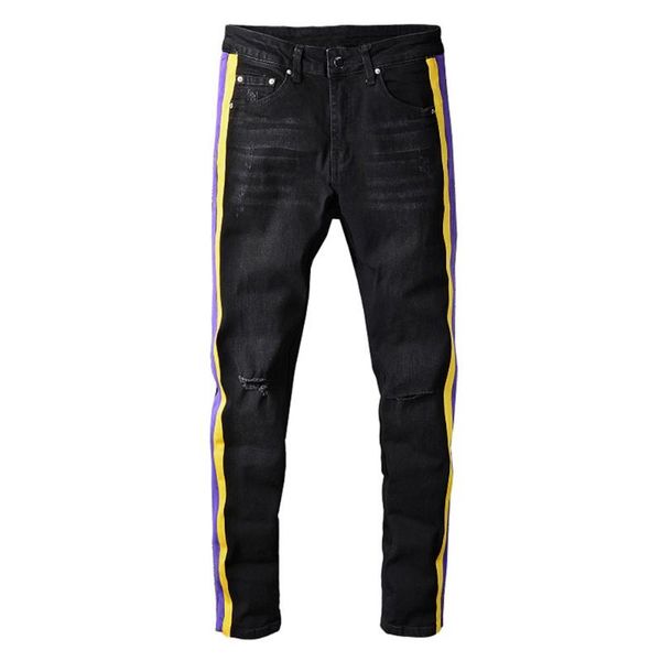 men's stripe ripped stretch denim jeans streetwear slim skinny pencil pants holes distressed trousers black, Blue
men's stripe ripped stretch denim jeans streetwear slim skinny pencil pants holes distressed trousers black, Blue