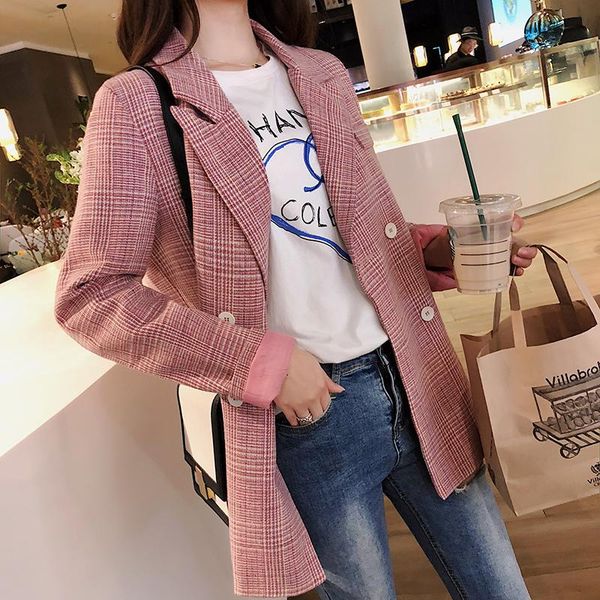 women's jackets autumn 2021 korean pink plaid spring long sleeve coat double breasted jacket outwear, Black;brown
women's jackets autumn 2021 korean pink plaid spring long sleeve coat double breasted jacket outwear, Black;brown