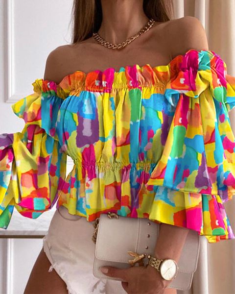 women's blouses & shirts women shirt tie dye off shoulder layered shirred long sleeve casual blouse, White
women's blouses & shirts women shirt tie dye off shoulder layered shirred long sleeve casual blouse, White