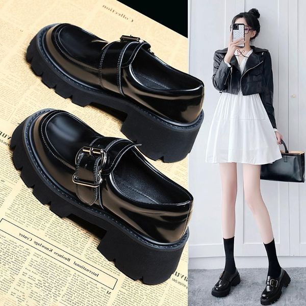 

dress shoes women's retro small leather autumn 2021 belt buckle platform high-heeled loafers jk mary jane for women, Black