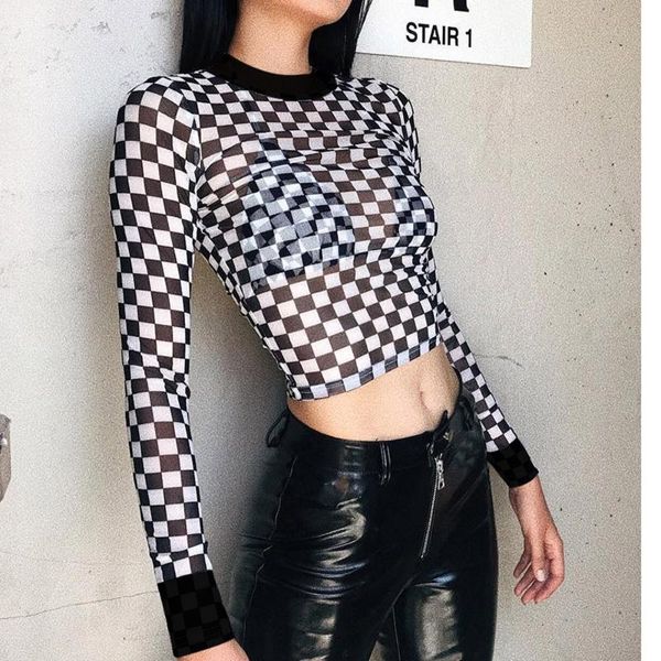 women's t-shirt womail summer women black and white plaid print mesh perspective casual long sleeve o-neck streetwear
women's t-shirt womail summer women black and white plaid print mesh perspective casual long sleeve o-neck streetwear