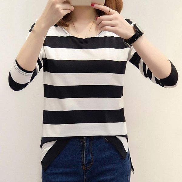 women's t-shirt spring autumn long-sleeved round neck loose striped bottoming clothes women//, White
women's t-shirt spring autumn long-sleeved round neck loose striped bottoming clothes women//, White