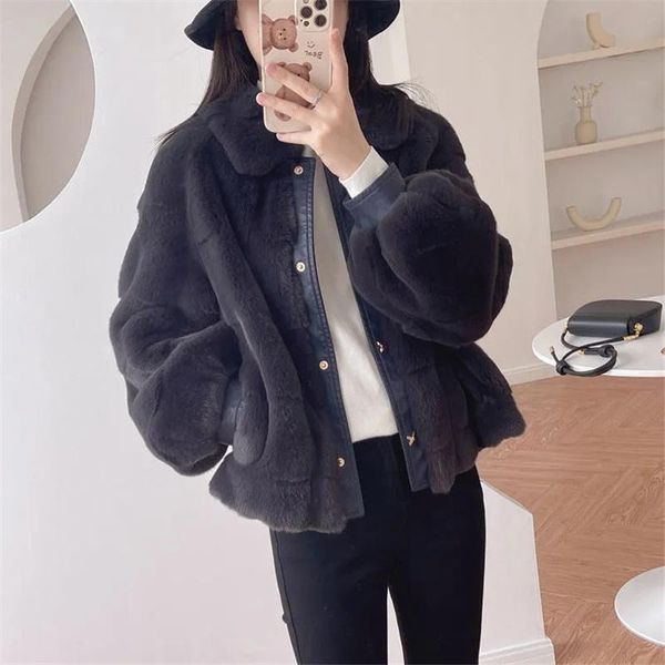 women's fur & faux 2021 autumn winter jacket parkas korean loose warm coat outwear female short ladies double-faced, Black