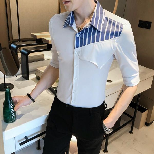 men's casual shirts contrast striped half sleeve slim fit dress shirt 2021 summer social party formal clothing chemise homme, White;black
men's casual shirts contrast striped half sleeve slim fit dress shirt 2021 summer social party formal clothing chemise homme, White;black