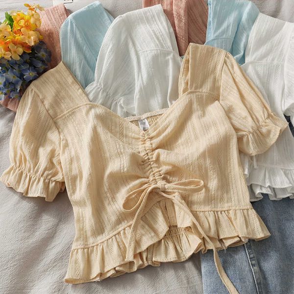 women's summer drawstring pleated square neck blouse with vertical striped blouse with wooden ears exposed 210709, White
women's summer drawstring pleated square neck blouse with vertical striped blouse with wooden ears exposed 210709, White