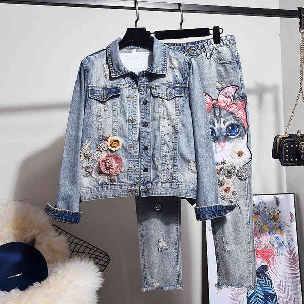 pant fashion beading cartoon cat sets female jeans jacket pencil pants two piece set women embroidery flowers holes denim suit, White
pant fashion beading cartoon cat sets female jeans jacket pencil pants two piece set women embroidery flowers holes denim suit, White