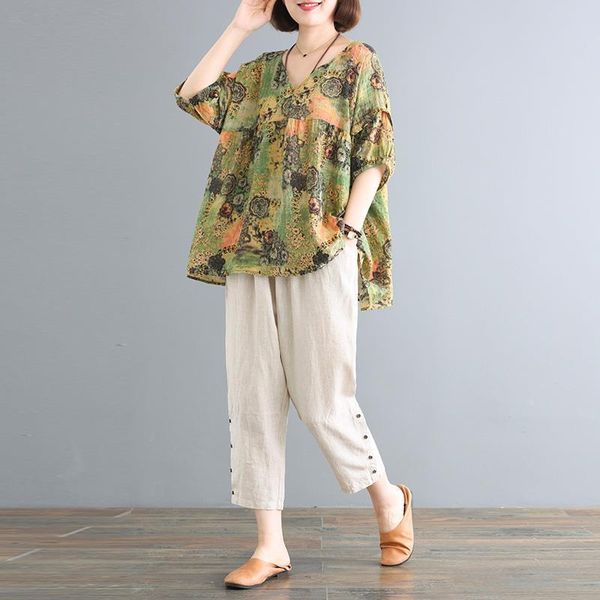 women 2021 summer korean loose large size cotton and linen casual sets printing v-neck short-sleeve add pants suits y777 women's two pi, White
women 2021 summer korean loose large size cotton and linen casual sets printing v-neck short-sleeve add pants suits y777 women's two pi, White