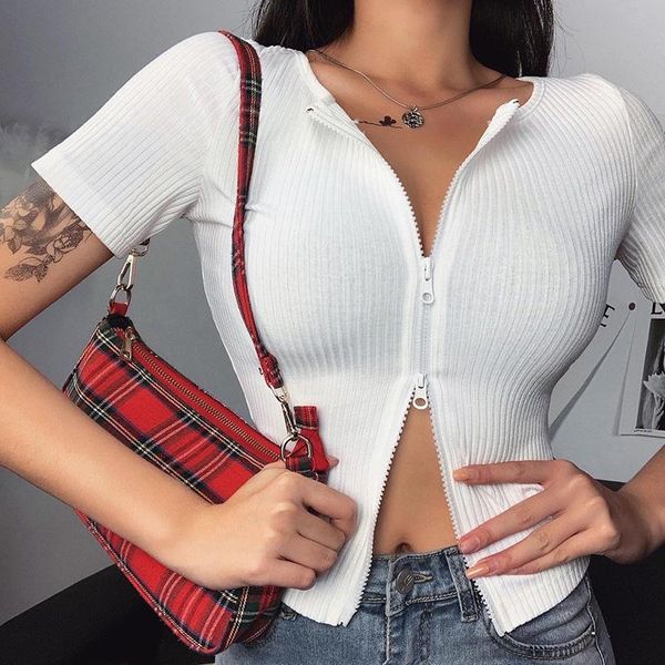 women's t-shirt women summer double zipper stretchy rib knitted t shirt office lady casual solid slim fit v neck short sleeve cardigan, White
women's t-shirt women summer double zipper stretchy rib knitted t shirt office lady casual solid slim fit v neck short sleeve cardigan, White