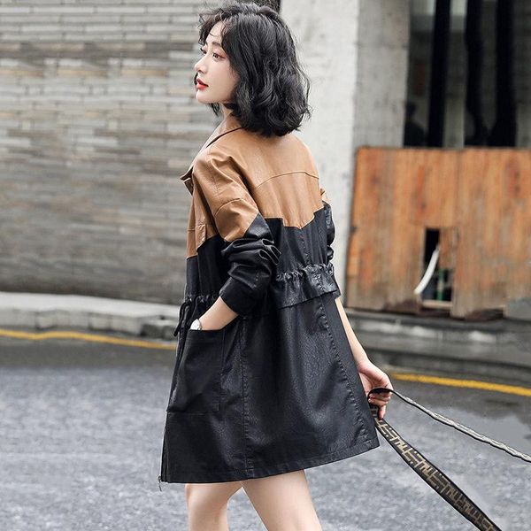 women's leather & faux womens jacket mid-length 2021 autumn korean drawstring waist fashion stitching pu windbreaker coat e420, Black
women's leather & faux womens jacket mid-length 2021 autumn korean drawstring waist fashion stitching pu windbreaker coat e420, Black