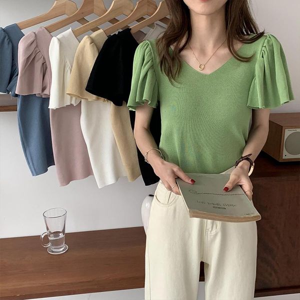 summer korean temperament commute lotus leaf pullover short knitted sweater v neck sleeved woman tee tshirts women's t-shirt, White
summer korean temperament commute lotus leaf pullover short knitted sweater v neck sleeved woman tee tshirts women's t-shirt, White