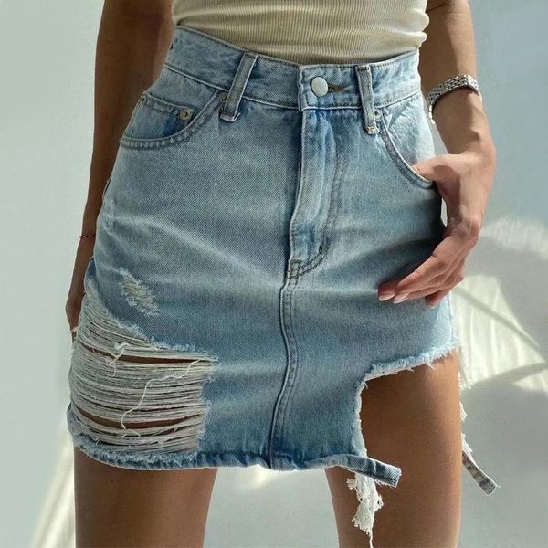 skirts women high waist distressed denim skirt, Black