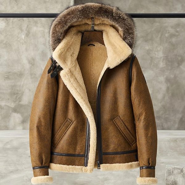 men's leather & faux shearling jacket men detachable hooded b3 bomber fur coat yellowish brown, Black
men's leather & faux shearling jacket men detachable hooded b3 bomber fur coat yellowish brown, Black