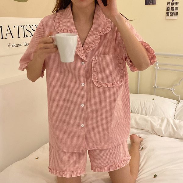 2021mujer summer sweet checked pyjamas set korean lapel girls plaid home suit shirts+shorts casual cotton sleepwear pocket thin s926, Black;red
2021mujer summer sweet checked pyjamas set korean lapel girls plaid home suit shirts+shorts casual cotton sleepwear pocket thin s926, Black;red