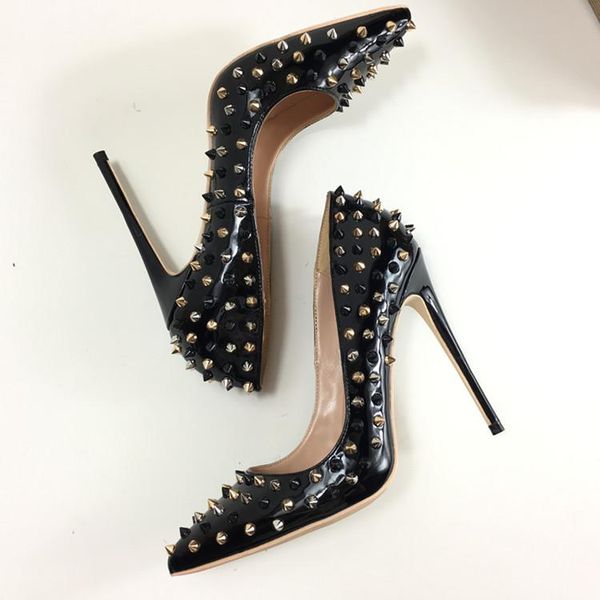 dress shoes 2021 fashion patent leather rivets studded high heels 12cm pointed toe woman pumps runway thin shoe, Black
dress shoes 2021 fashion patent leather rivets studded high heels 12cm pointed toe woman pumps runway thin shoe, Black
