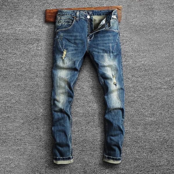 men's jeans street style fashion men retro blue elastic slim fit frayed hole ripped spliced designer hip hop denim pants
men's jeans street style fashion men retro blue elastic slim fit frayed hole ripped spliced designer hip hop denim pants