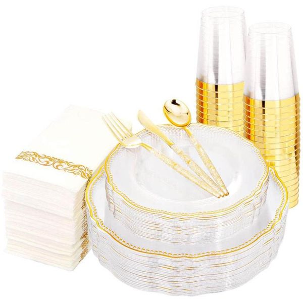 disposable dinnerware 175 pieces of party tableware transparent golden plastic tray set for wedding holiday event decoration
disposable dinnerware 175 pieces of party tableware transparent golden plastic tray set for wedding holiday event decoration