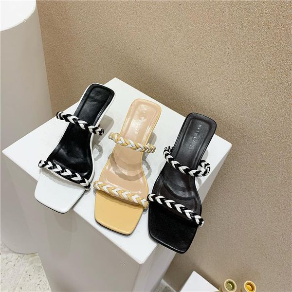 dress shoes women slipper fashion brand weave vintage square toe narrow band high heel sandals summer slides, Black
dress shoes women slipper fashion brand weave vintage square toe narrow band high heel sandals summer slides, Black