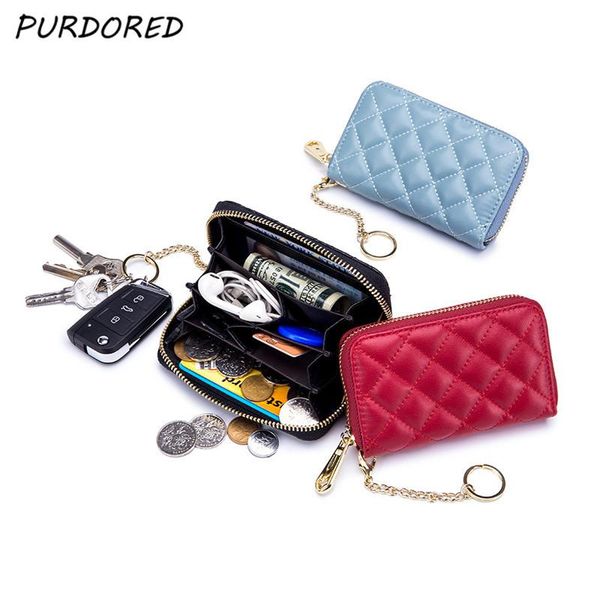 card holders purdored 1 pc genuine leather women holder solid soft zipper pocket coin purse with key chain, Brown;gray
card holders purdored 1 pc genuine leather women holder solid soft zipper pocket coin purse with key chain, Brown;gray