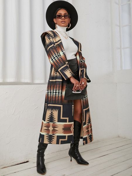 geo print hooded overcoat 11tn#, Black