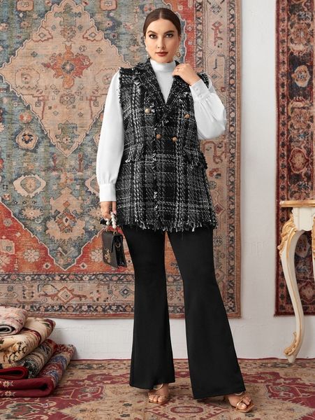 plus plaid pattern raw trim double breasted tweed overcoat without f9rr#, Black
plus plaid pattern raw trim double breasted tweed overcoat without f9rr#, Black