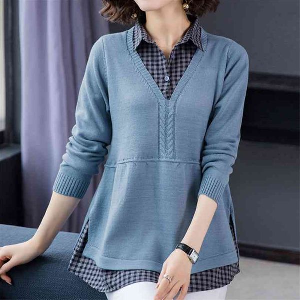 plaid shirt collar fake two pieces knitted pullovers for women patchwork knitwear casual loose spring sweater femme 210922, White;black
plaid shirt collar fake two pieces knitted pullovers for women patchwork knitwear casual loose spring sweater femme 210922, White;black