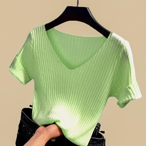 women's t-shirt women v neck t shirt summer solid color tight knitted basic outfit short-sleeve tee, White
women's t-shirt women v neck t shirt summer solid color tight knitted basic outfit short-sleeve tee, White
