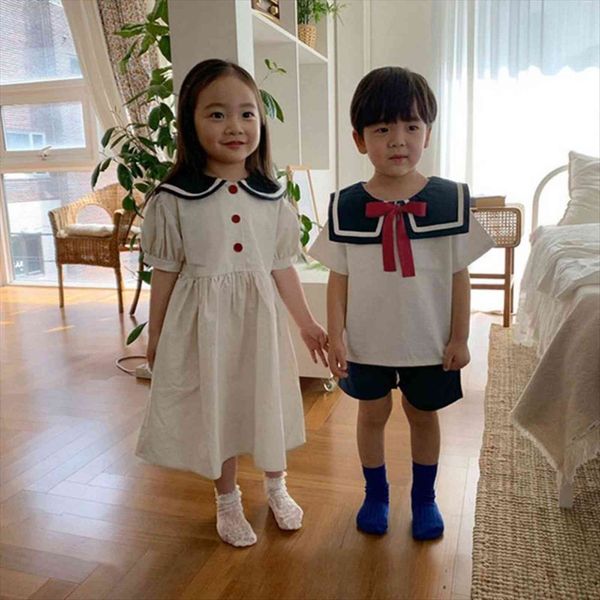 summer kids suit korean solid dress navy collar tees and shorts 2pcs casual clothes for sister brothers, White
summer kids suit korean solid dress navy collar tees and shorts 2pcs casual clothes for sister brothers, White
