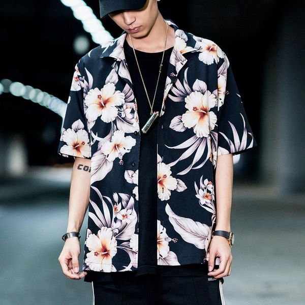 men's casual shirts spring and summer tide brand flower print shirt couple cool short-sleeved ins beach style, White;black
men's casual shirts spring and summer tide brand flower print shirt couple cool short-sleeved ins beach style, White;black