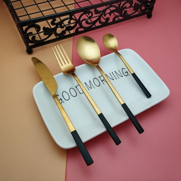 selling process matte simple style black gold knife 304 stainless steel fork spoon 4pcs set reusable western tableware dinnerware sets
selling process matte simple style black gold knife 304 stainless steel fork spoon 4pcs set reusable western tableware dinnerware sets