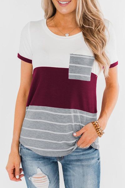 spring and summer women's explosion models pocket three-color stitching short-sleeved striped t-shirt one, White
spring and summer women's explosion models pocket three-color stitching short-sleeved striped t-shirt one, White