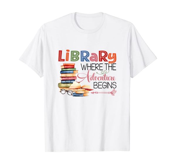 library student gift adventure begin school t-shirt, White;black 
library student gift adventure begin school t-shirt, White;black