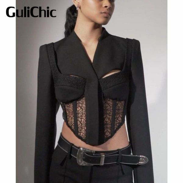 women's suits & blazers 8.10 gulichic women fashion lace patchwork hollow out hook design slim short blazer, White;black
women's suits & blazers 8.10 gulichic women fashion lace patchwork hollow out hook design slim short blazer, White;black