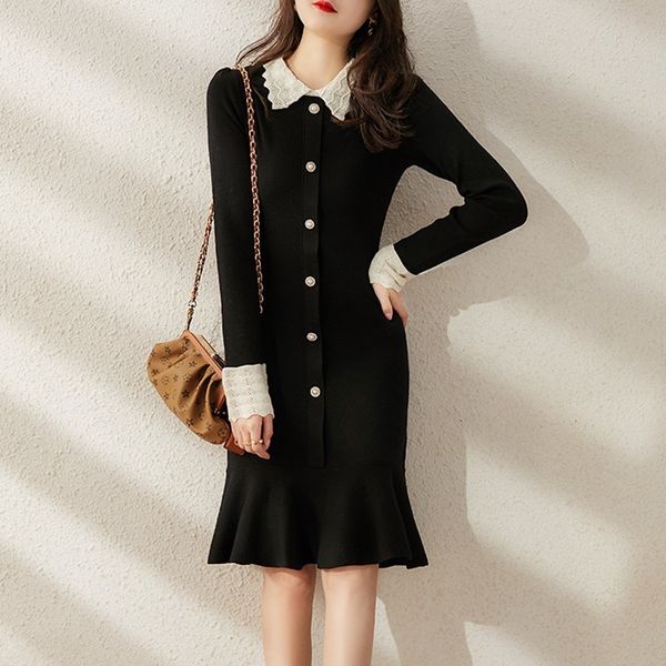 women single breasted turn down collar knitted black sweater spring long sleeve elegant slim bodycon knee mermaid dress 210514, Black;gray
women single breasted turn down collar knitted black sweater spring long sleeve elegant slim bodycon knee mermaid dress 210514, Black;gray
