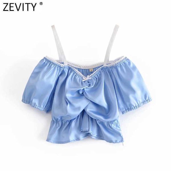 zevity women off shoulder pleated short sling smock blouse female lace design elastic shirt blusas chic crop ls9325 210603, White
