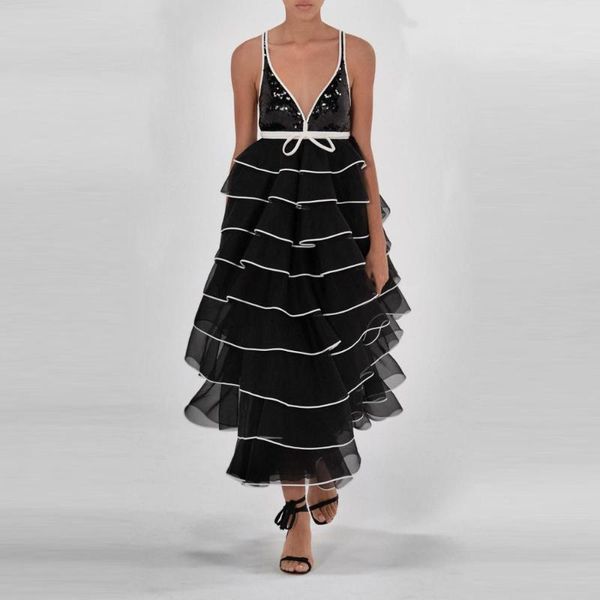 casual dresses elegant splicing black women long maxi spaghetti straps ruffles flouncing sequins and organza party gown, Black;gray
casual dresses elegant splicing black women long maxi spaghetti straps ruffles flouncing sequins and organza party gown, Black;gray