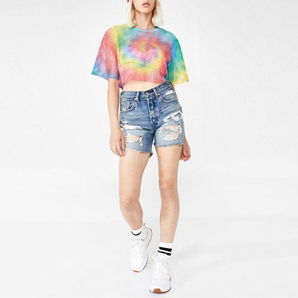 women's t-shirt women short sleeve o-neck hollow out mesh rainbow tie-dye loose crop d0lf, White
women's t-shirt women short sleeve o-neck hollow out mesh rainbow tie-dye loose crop d0lf, White