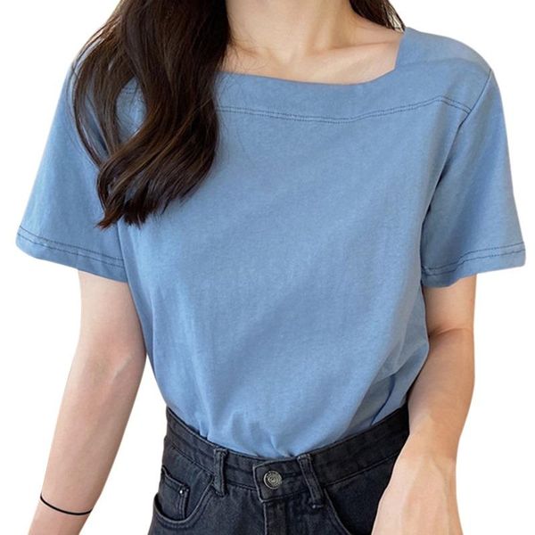 basic cotton t shirt women summer square collar solid casual loose korean female bottoming women's t-shirt, White 
basic cotton t shirt women summer square collar solid casual loose korean female bottoming women's t-shirt, White